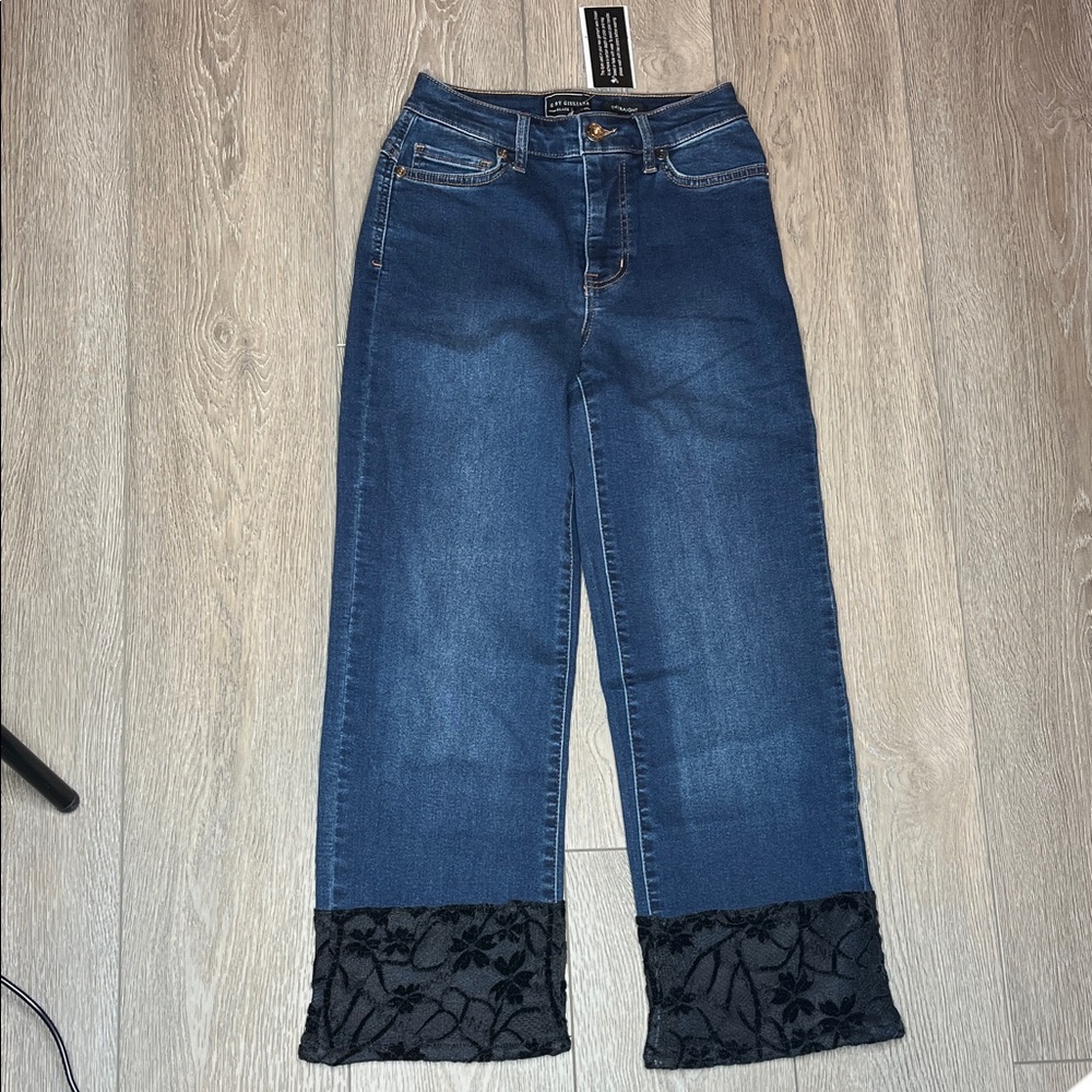 G by Giuliani straight Dark Blue Jeans with Black Lace Hem nwt size 0